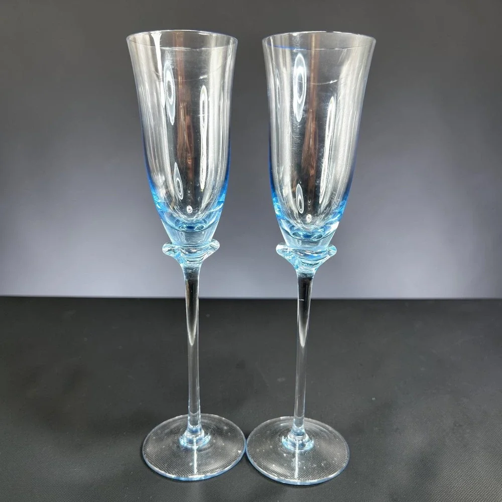 Cristal D'Arques Blue Champagne Flutes Set of 2 Lead Crystal 9.5 Inch Tall Glass